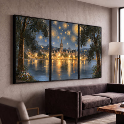 Starry night lake village painting 3 piece framed canvas in a modern living room