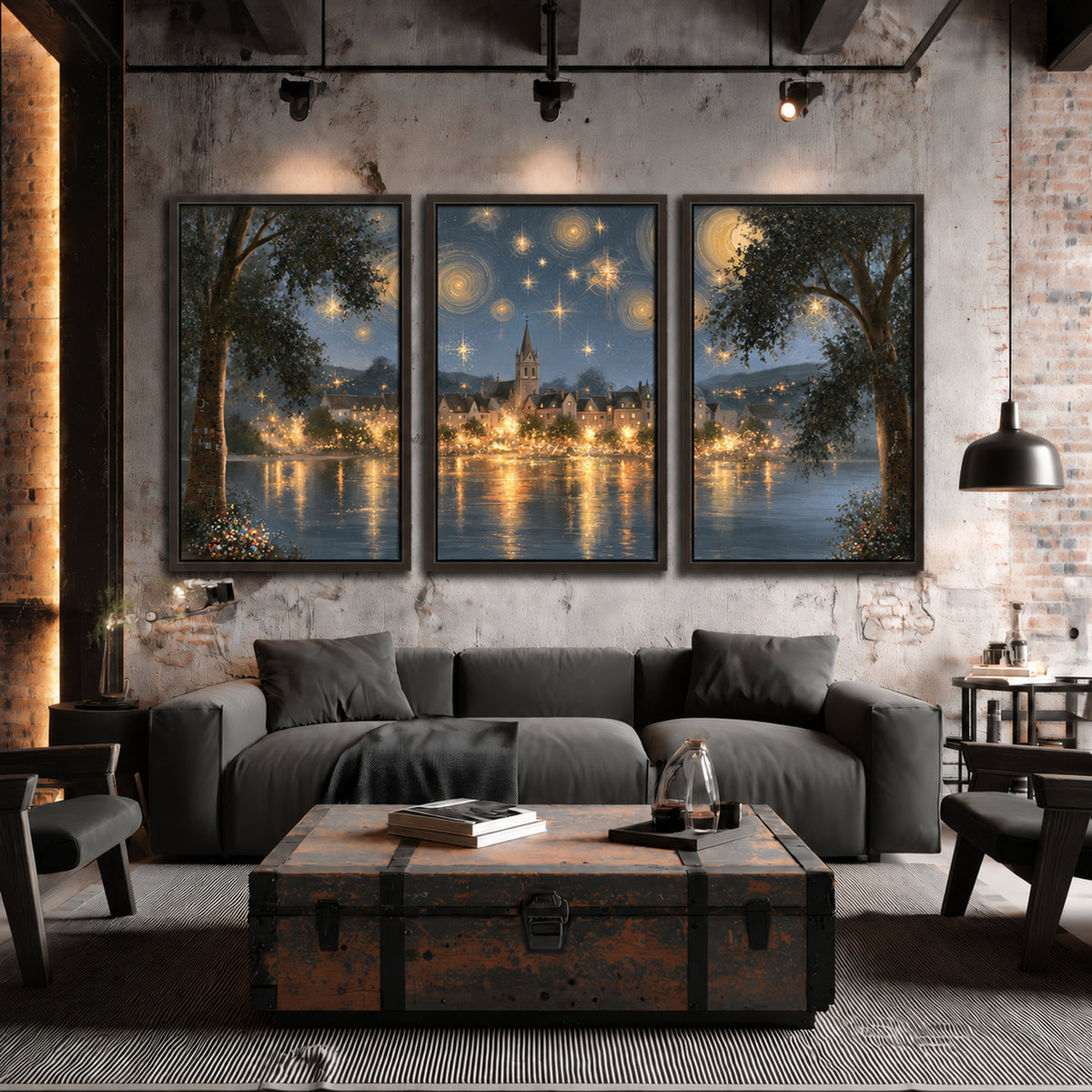 Starry night lake village painting 3 piece framed canvas in an industrial loft
