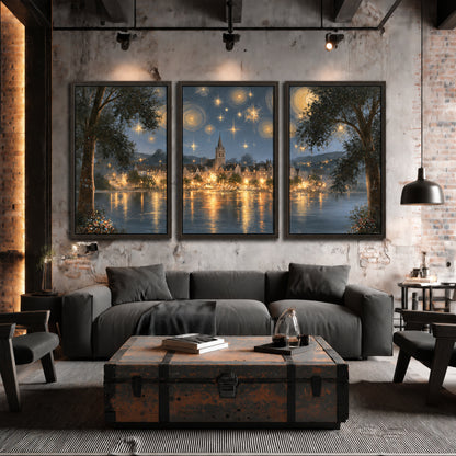 Starry night lake village painting 3 piece framed canvas in an industrial loft