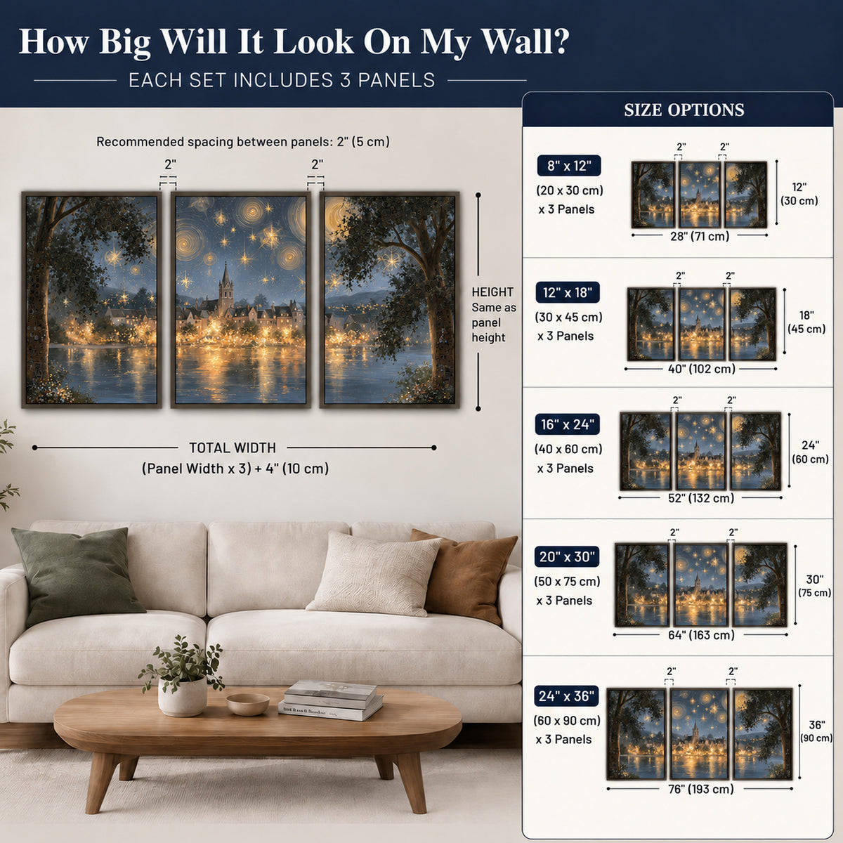 Starry night lake village painting 3 piece framed canvas size guide above a sofa