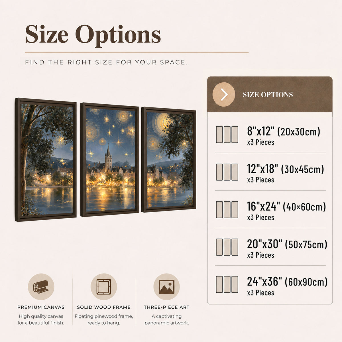 Starry night lake village painting 3 piece framed canvas size options