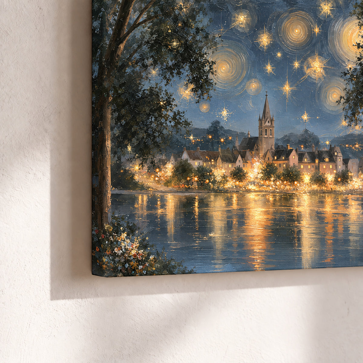 Starry night lake village painting canvas print close-up showing the gallery-wrapped edge