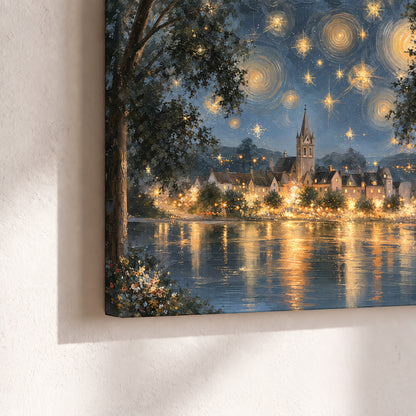 Starry night lake village painting canvas print close-up showing the gallery-wrapped edge