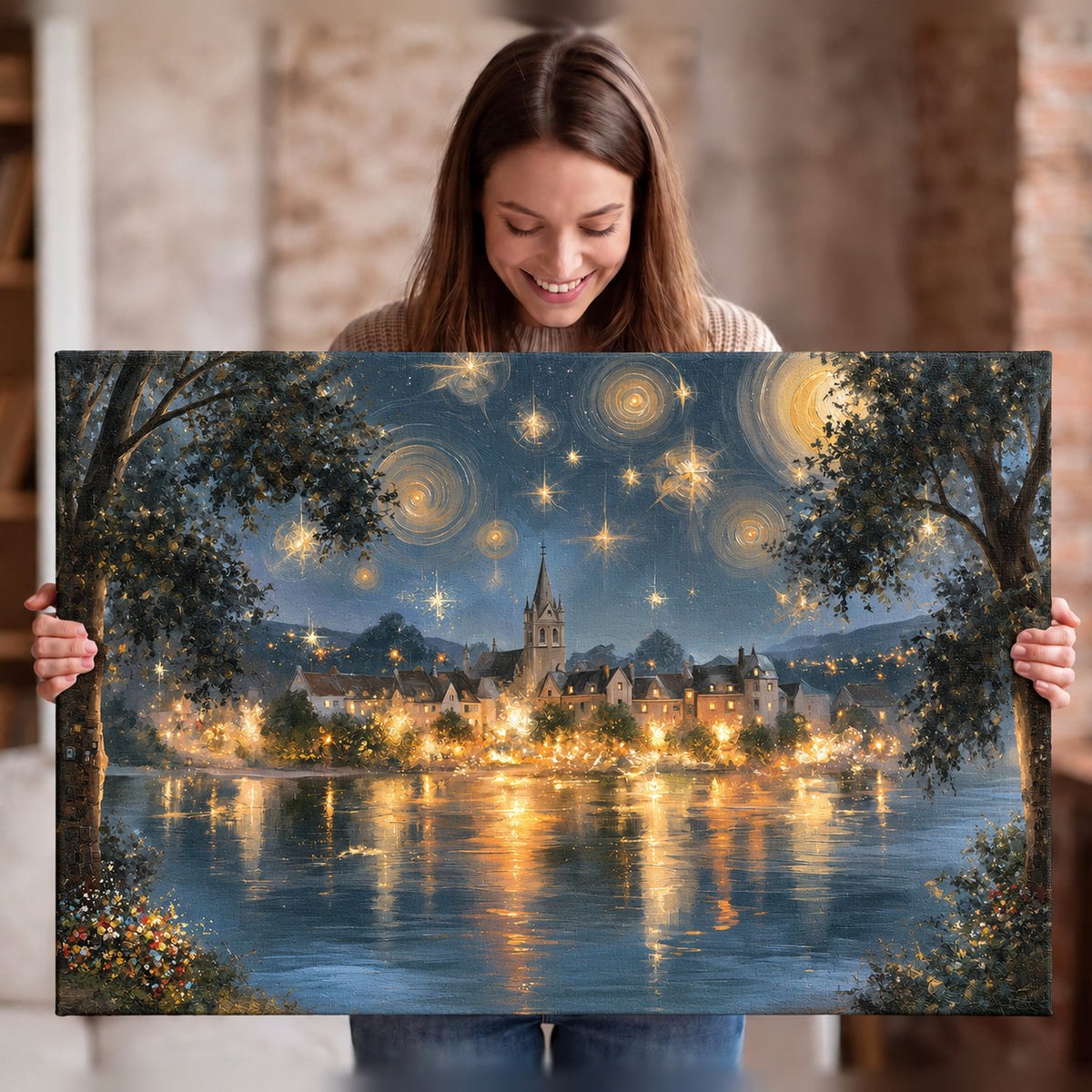 Starry night lake village painting stretched canvas wall art held in hands