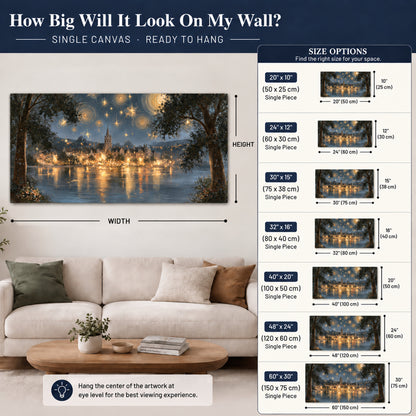 Starry night lake village painting canvas wall art size guide above a sofa