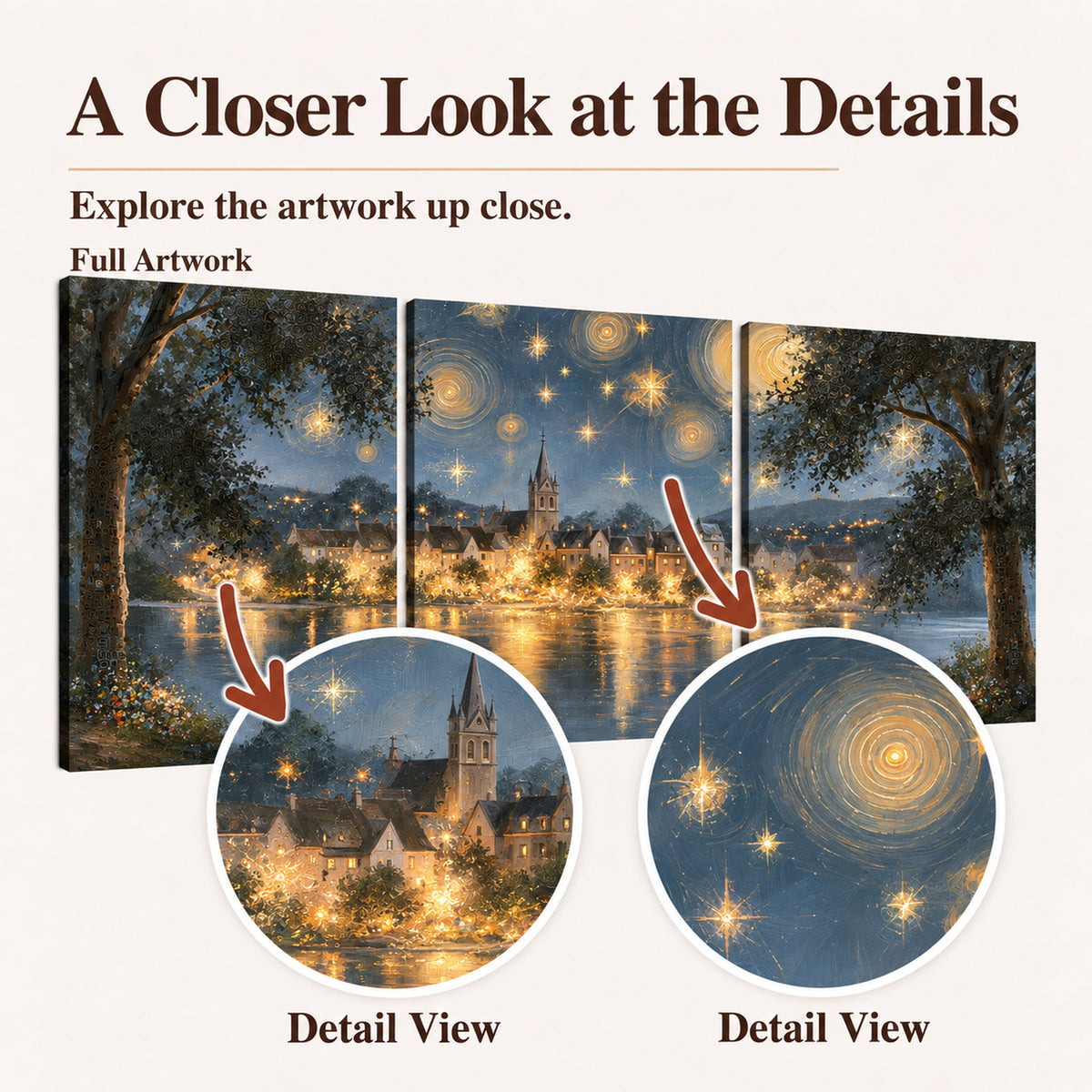 Starry night lake village painting closer look at the details