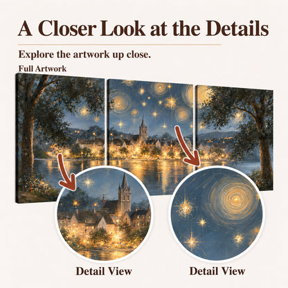 Starry night lake village painting closer look at the details