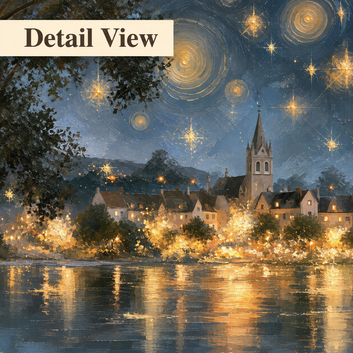 Starry night lake village painting detail close-up