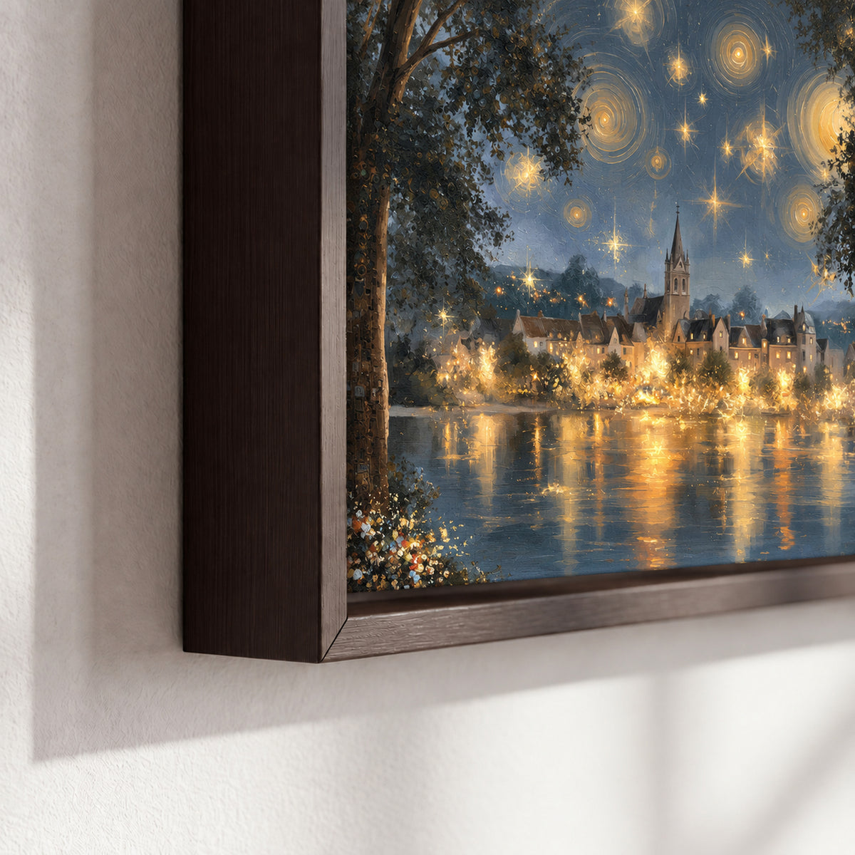 Starry night lake village painting framed canvas close-up showing the floating frame