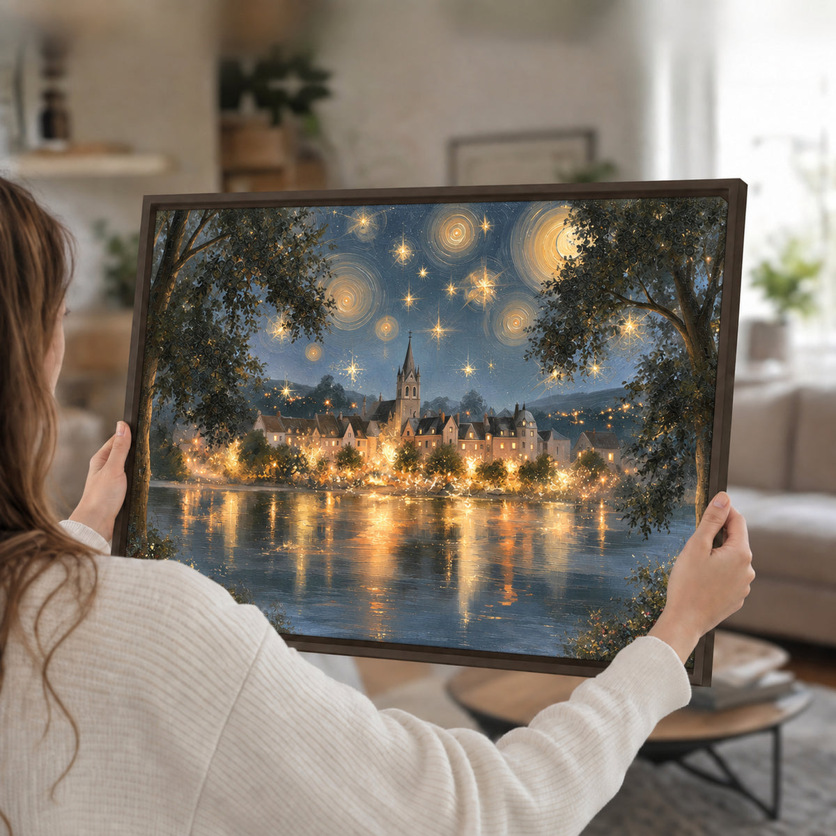 Starry night lake village painting framed canvas wall art held in hands