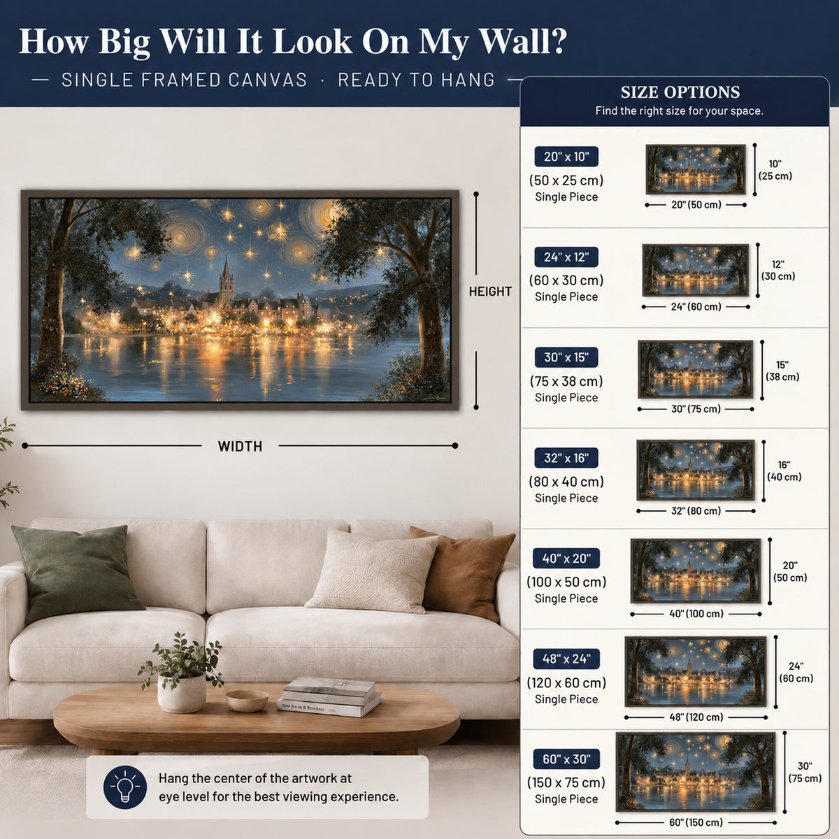 Starry night lake village painting framed canvas wall art size guide above a sofa
