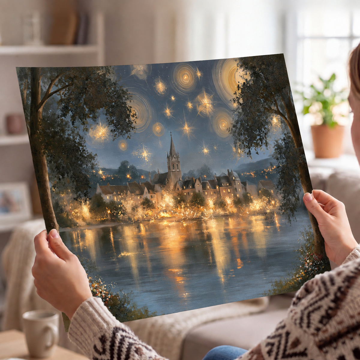 Starry night lake village painting poster print held in hands