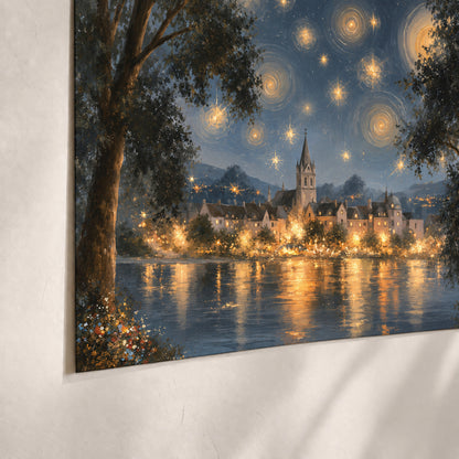 Starry night lake village painting poster print close-up on matte paper
