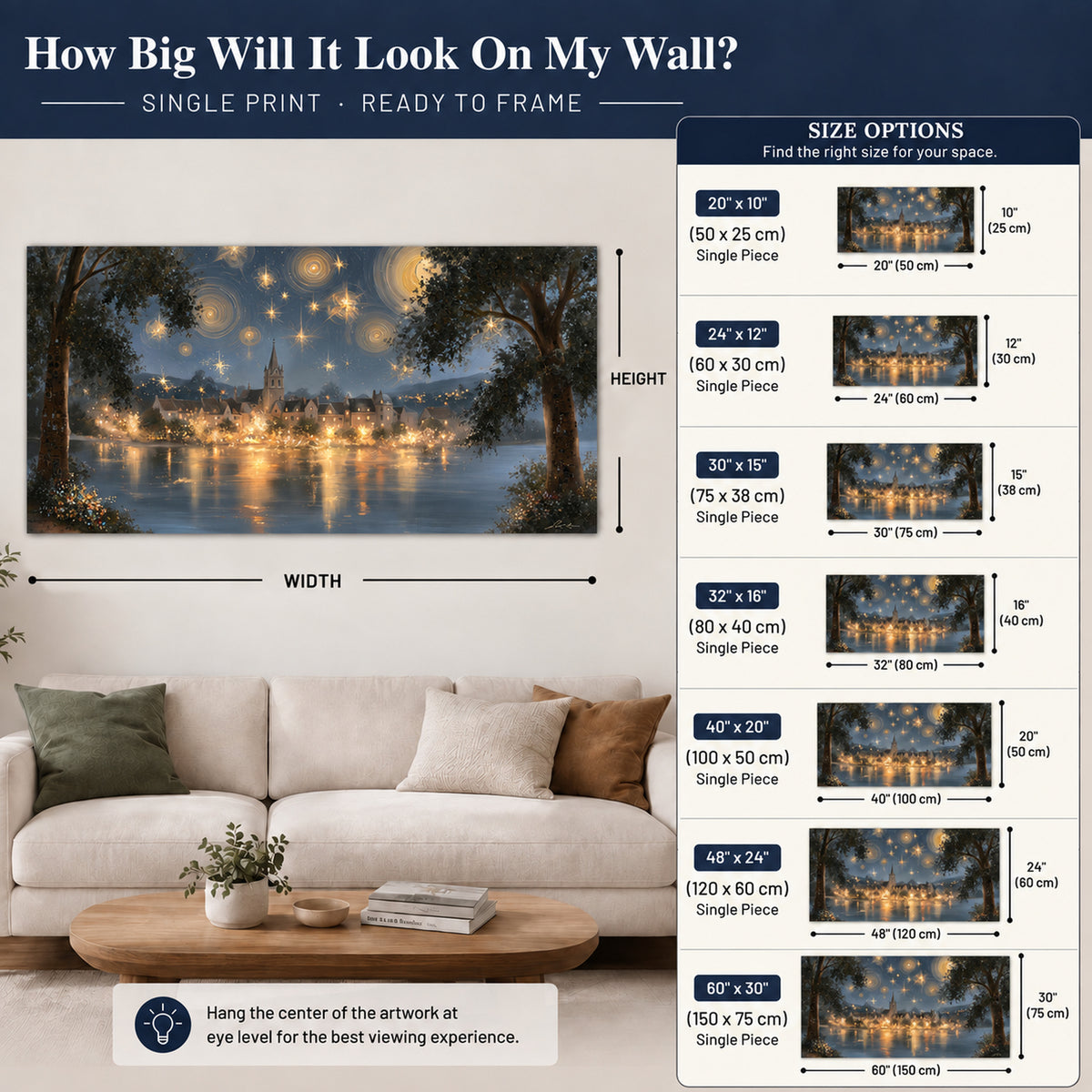 Starry night lake village painting poster print size guide above a sofa