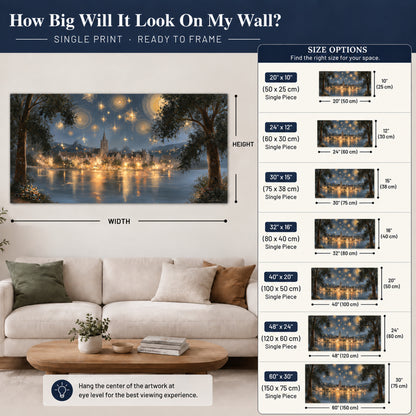 Starry night lake village painting poster print size guide above a sofa