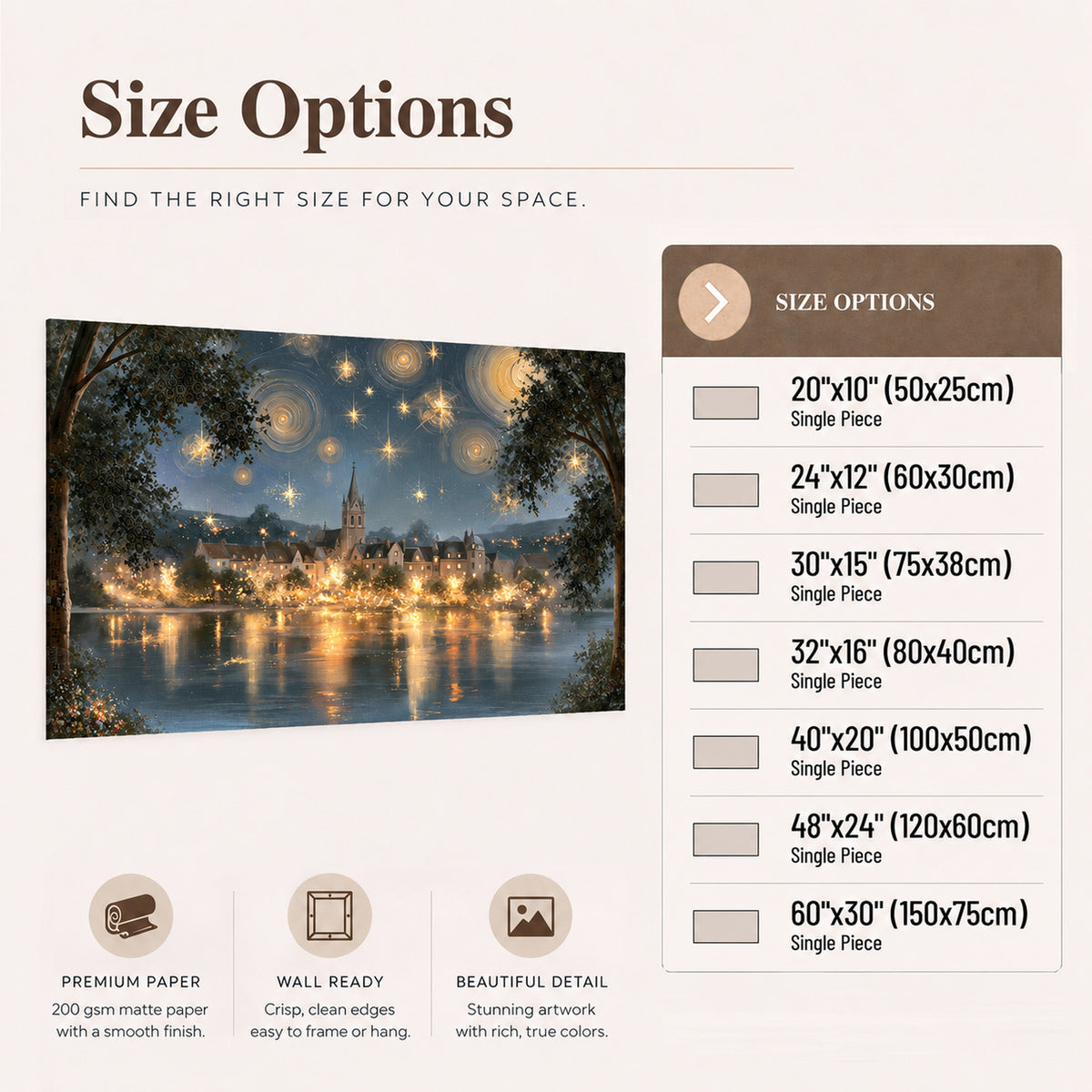 Starry night lake village painting poster print size options