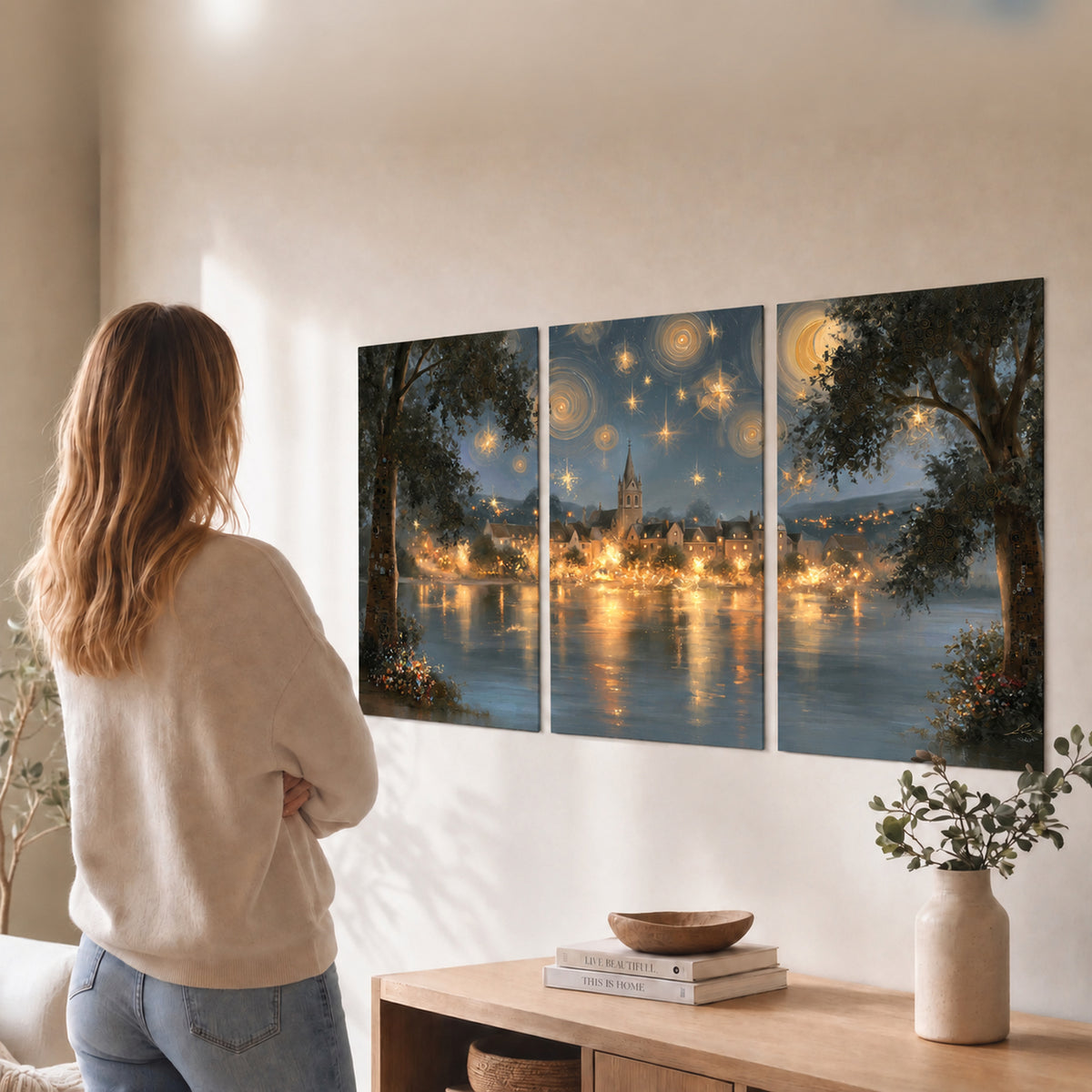Starry night lake village painting set of 3 poster prints in a living room