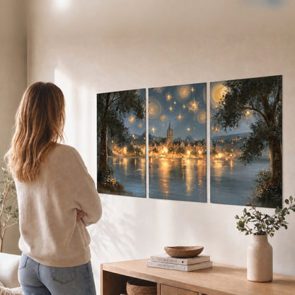 Starry night lake village painting set of 3 poster prints in a living room