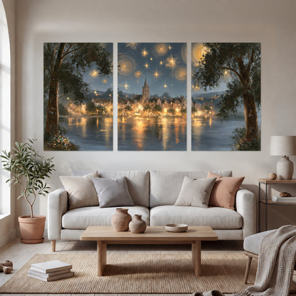 Starry night lake village painting set of 3 poster prints in a bright living room