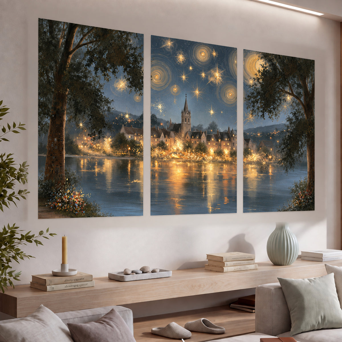 Starry night lake village painting set of 3 poster prints in a living room above a console