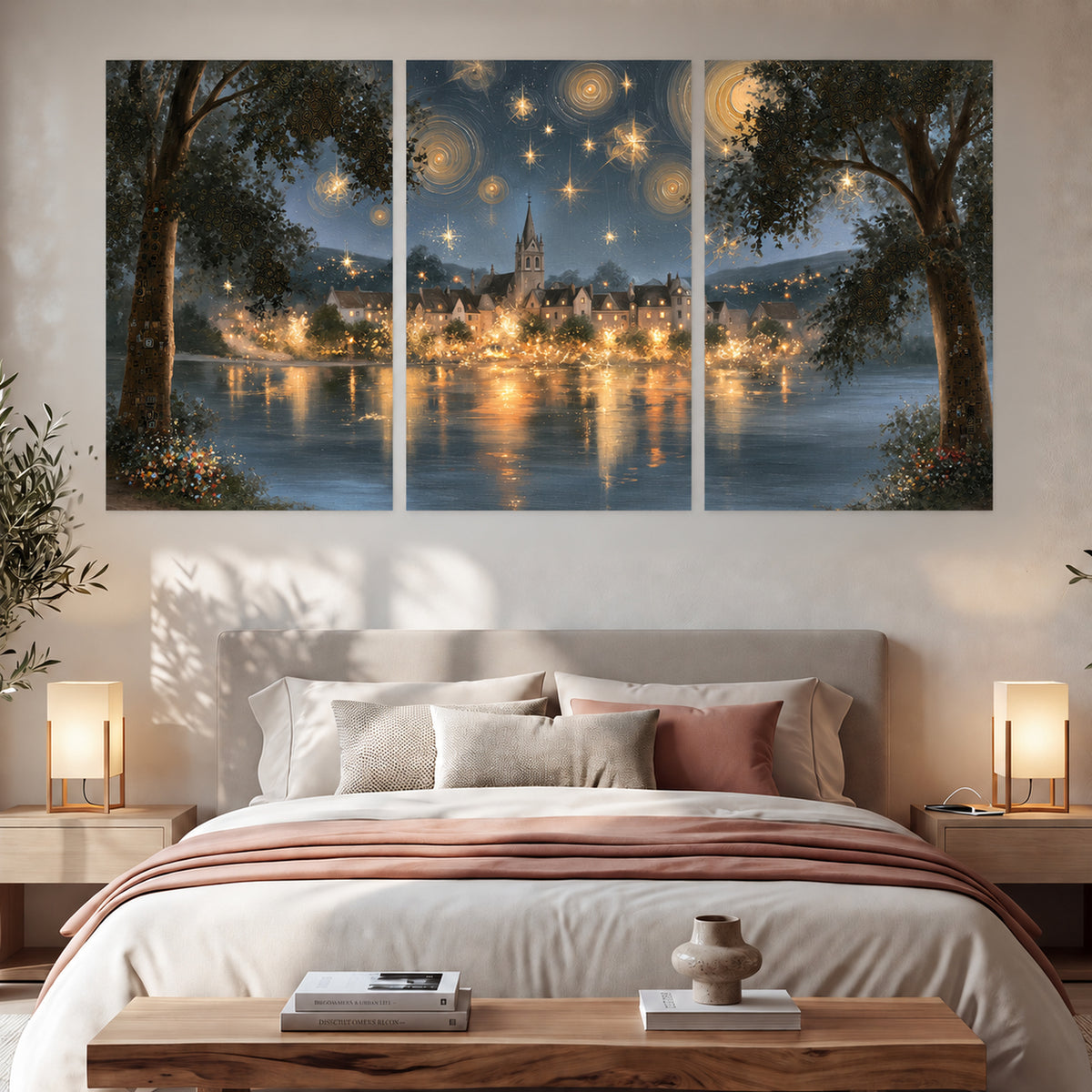 Starry night lake village painting set of 3 poster prints in a bedroom above the bed