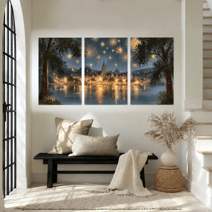 Starry night lake village painting set of 3 poster prints in an entryway above a bench
