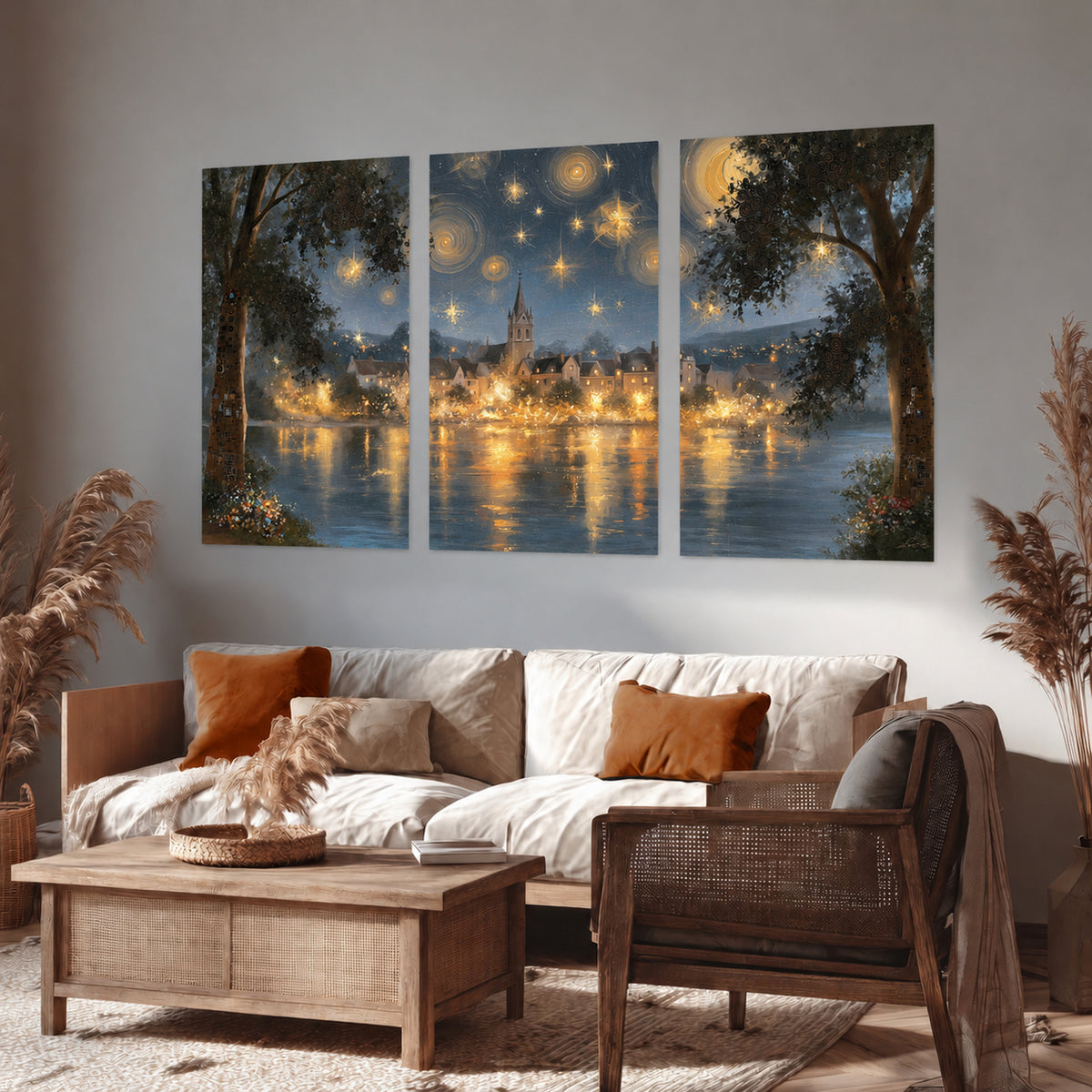 Starry night lake village painting set of 3 poster prints in a rustic living room