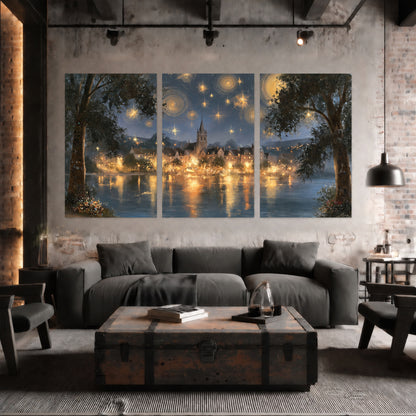 Starry night lake village painting set of 3 poster prints in an industrial loft