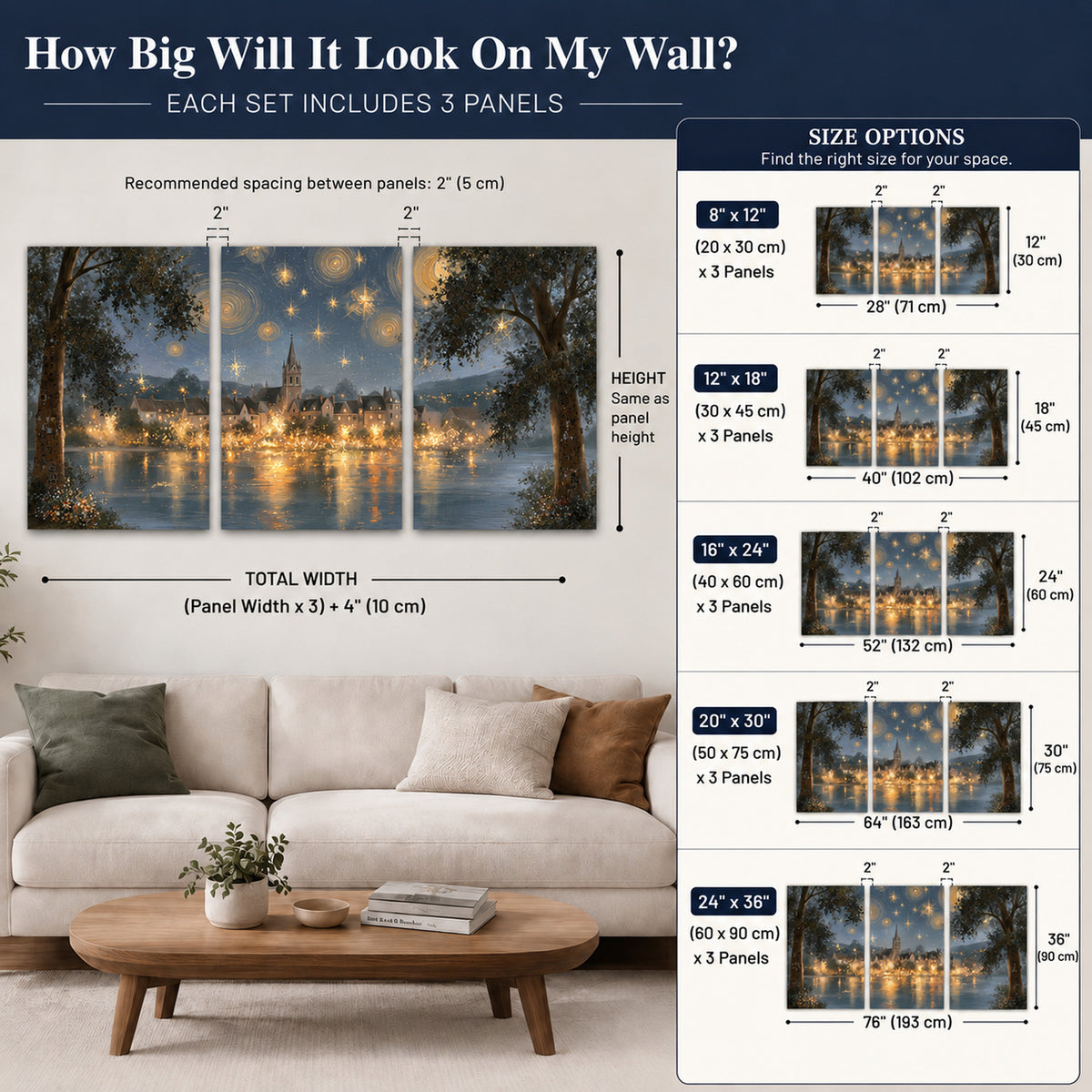 Starry night lake village painting set of 3 poster prints size guide above a sofa