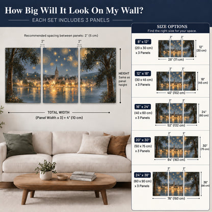 Starry night lake village painting set of 3 poster prints size guide above a sofa