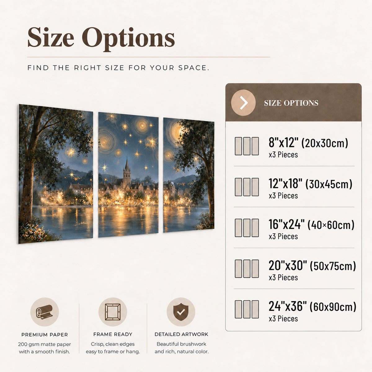 Starry night lake village painting set of 3 poster prints size options