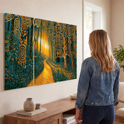 Golden swirl forest painting 3 piece canvas wall art in a living room
