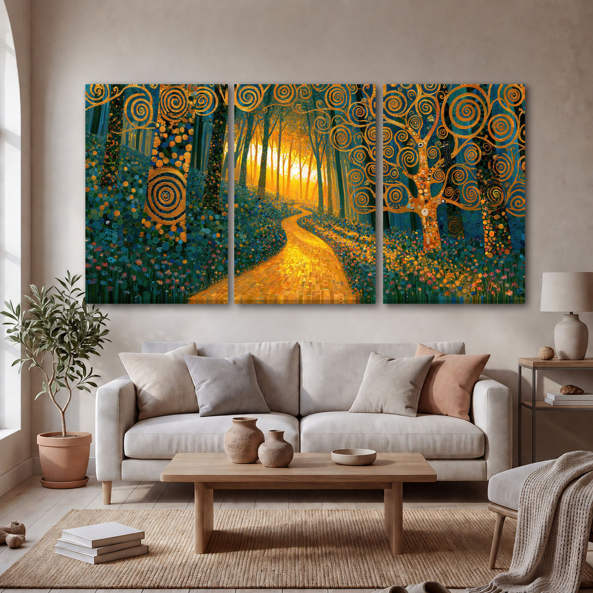 Golden swirl forest painting 3 piece canvas wall art in a bright living room