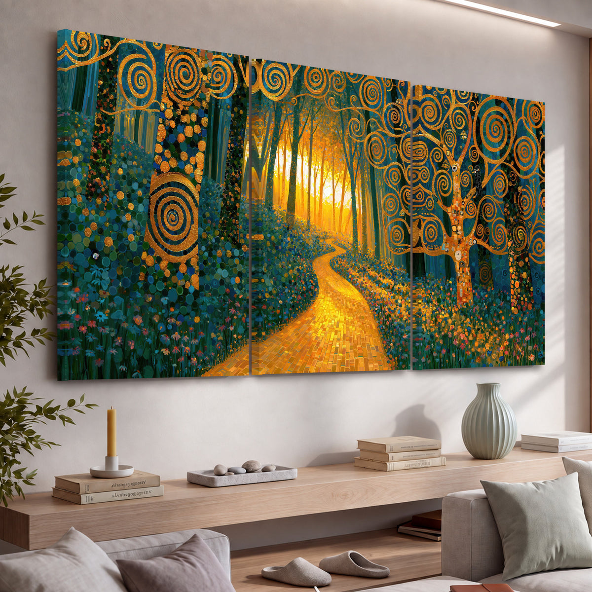 Golden swirl forest painting 3 piece canvas wall art in a living room above a console