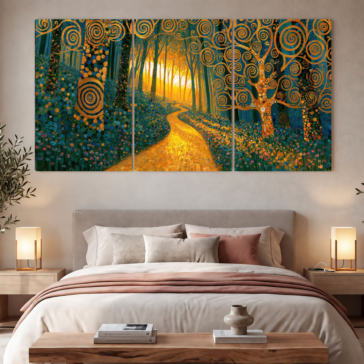 Golden swirl forest painting 3 piece canvas wall art in a bedroom above the bed