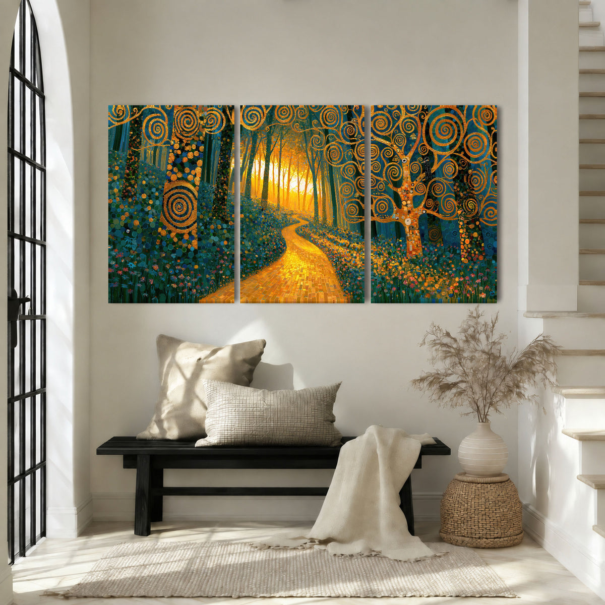 Golden swirl forest painting 3 piece canvas wall art in an entryway above a bench