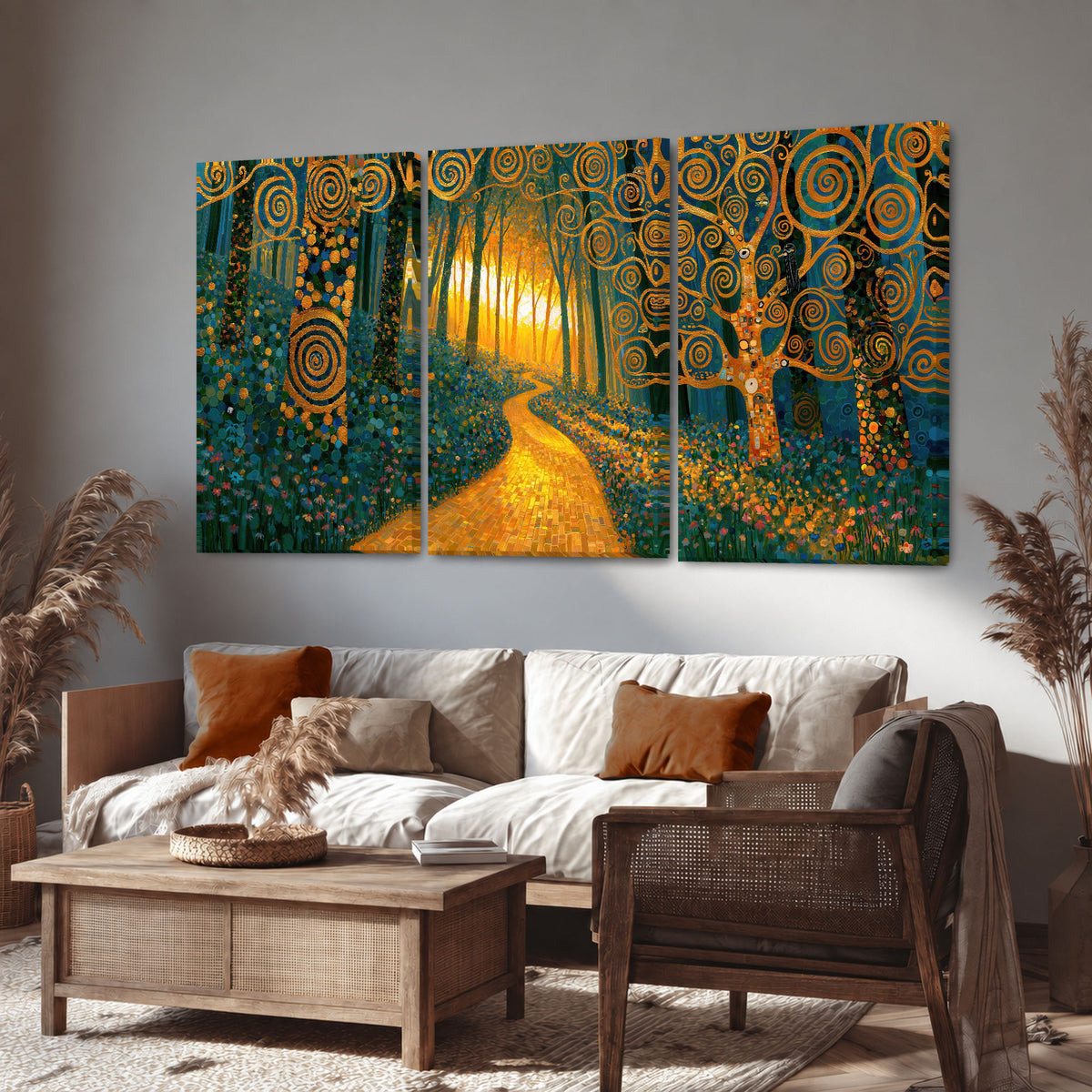 Golden swirl forest painting 3 piece canvas wall art in a rustic living room