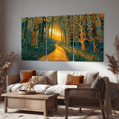 Golden swirl forest painting 3 piece canvas wall art in a rustic living room