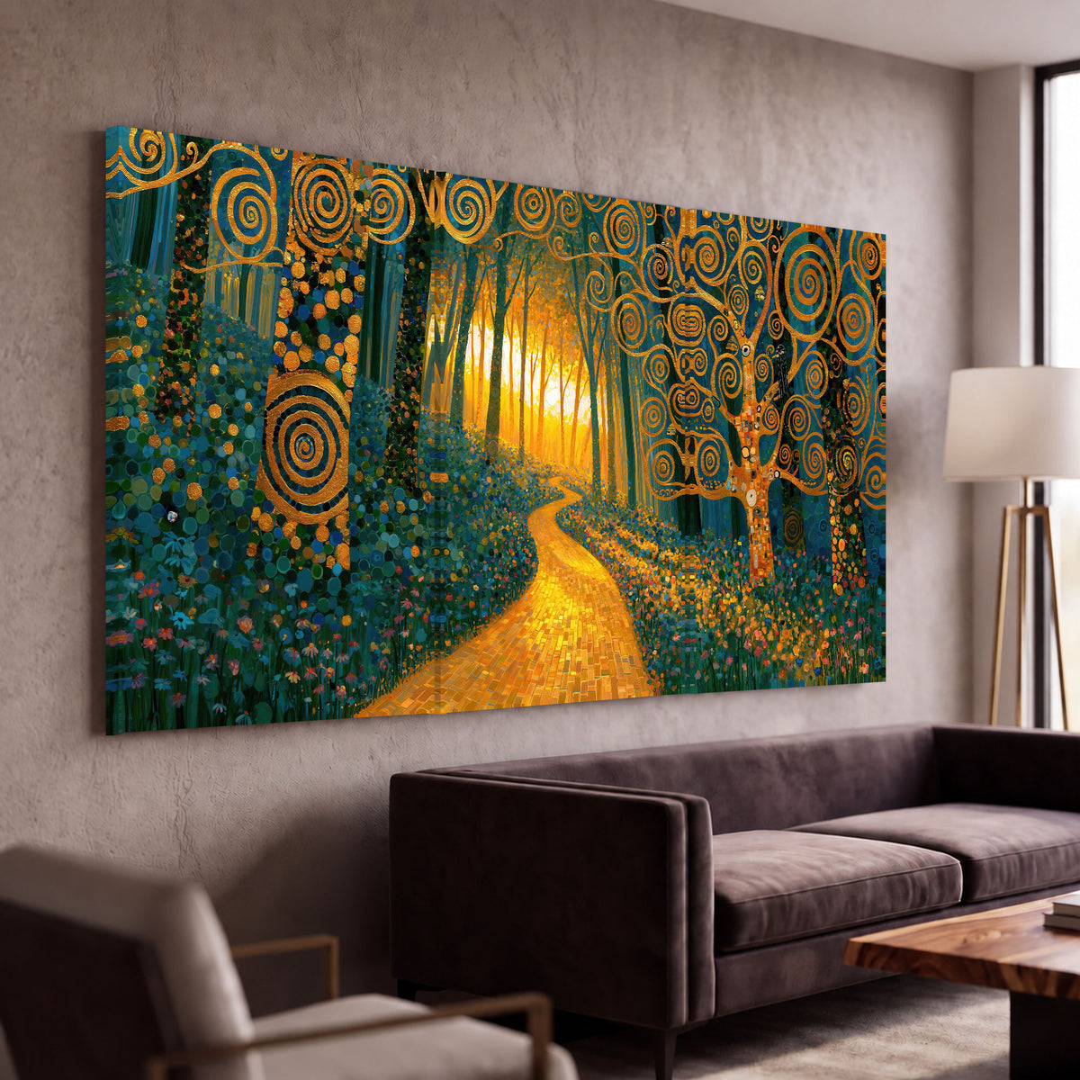Golden swirl forest painting 3 piece canvas wall art in a modern living room