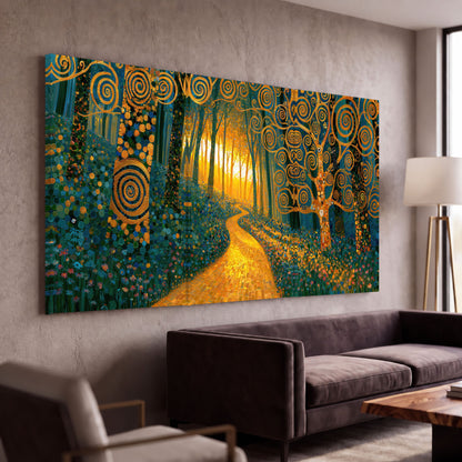 Golden swirl forest painting 3 piece canvas wall art in a modern living room