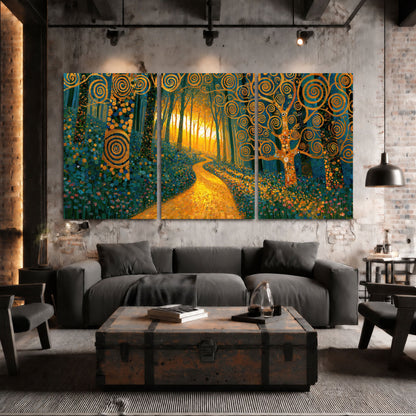 Golden swirl forest painting 3 piece canvas wall art in an industrial loft