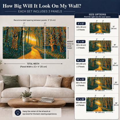 Golden swirl forest painting 3 piece canvas wall art size guide above a sofa