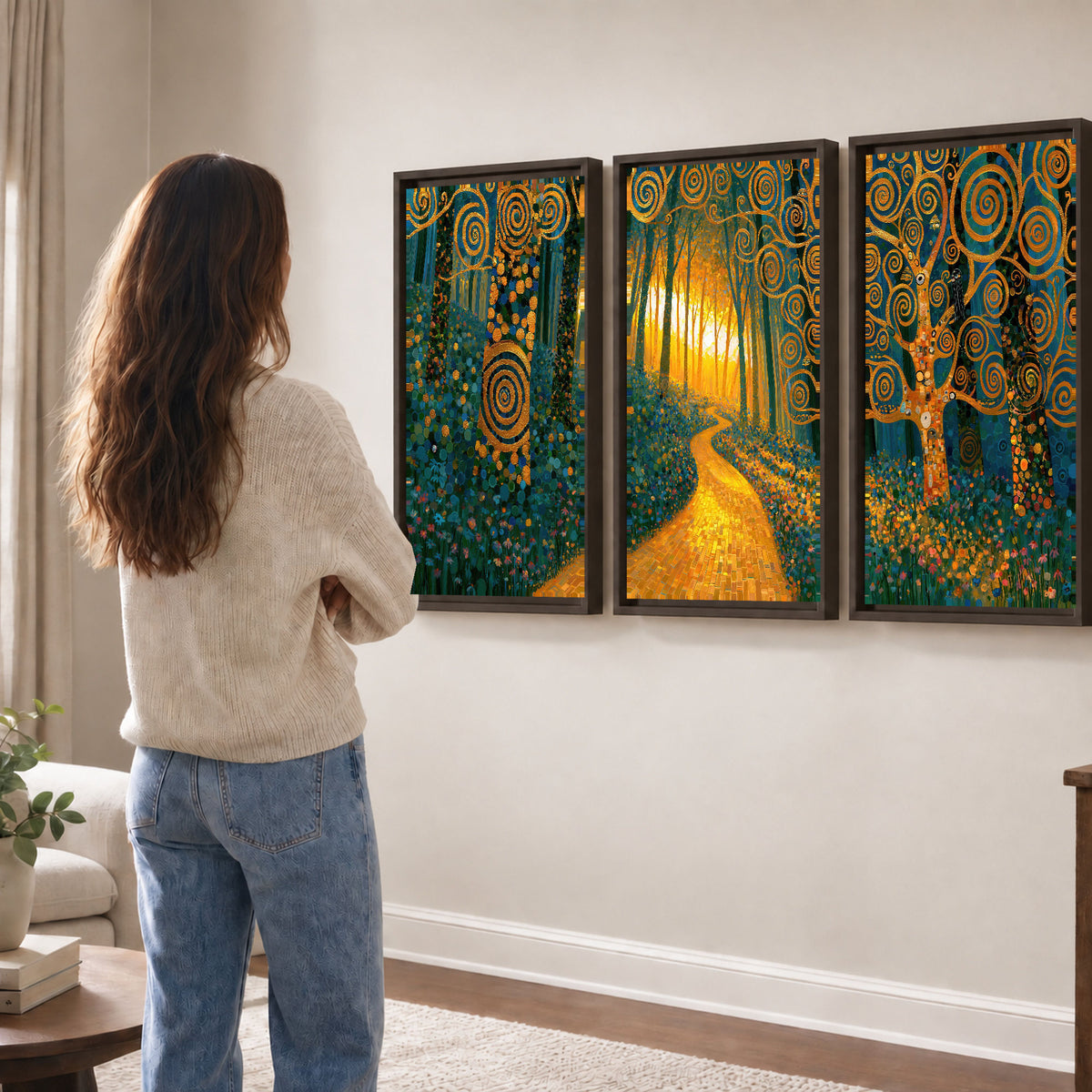 Golden swirl forest painting 3 piece framed canvas in a living room