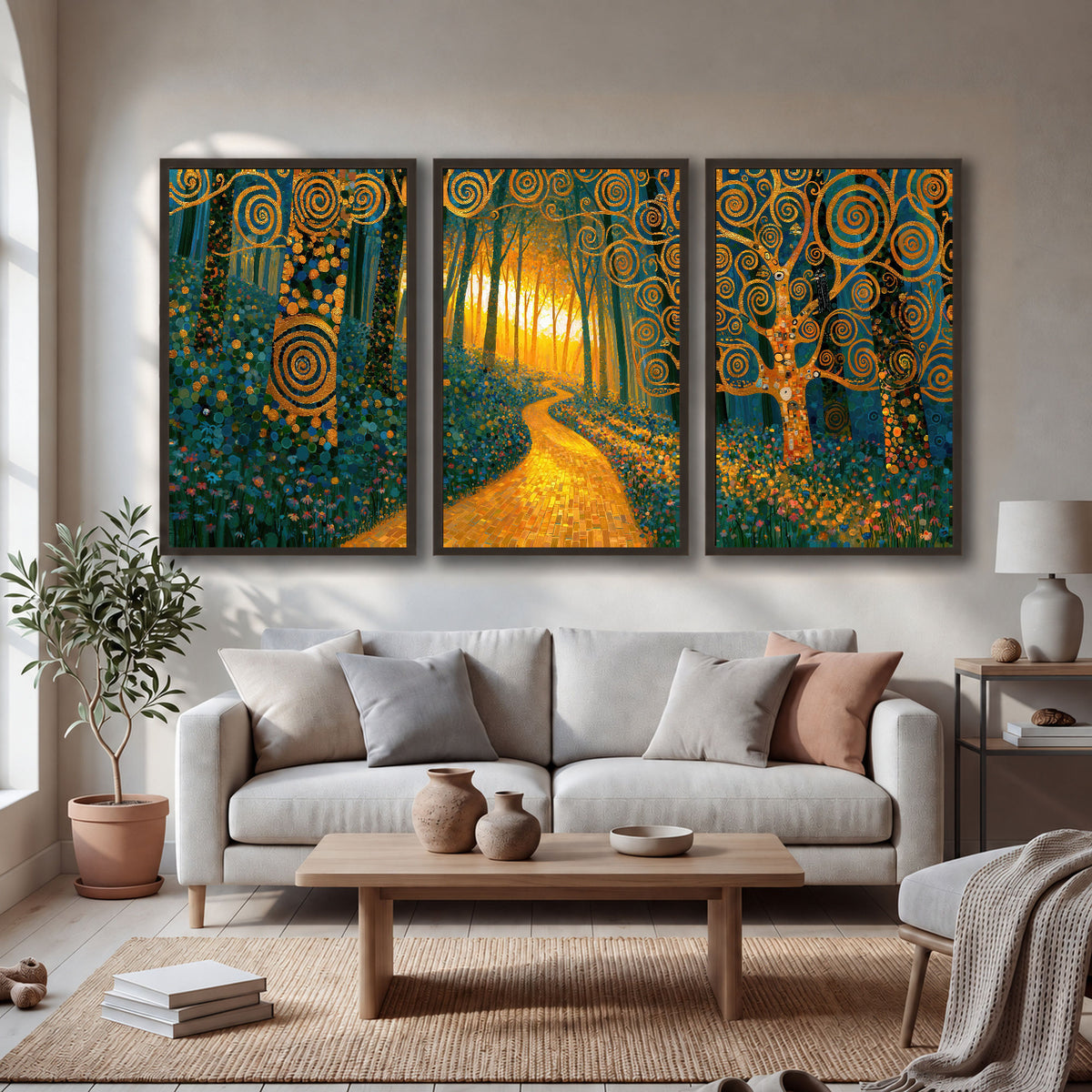 Golden swirl forest painting 3 piece framed canvas in a bright living room