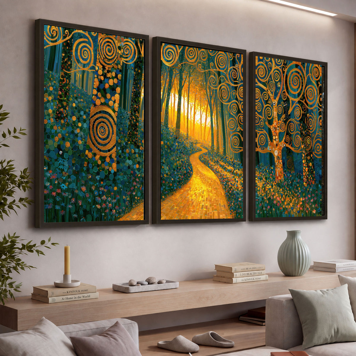 Golden swirl forest painting 3 piece framed canvas in a living room above a console