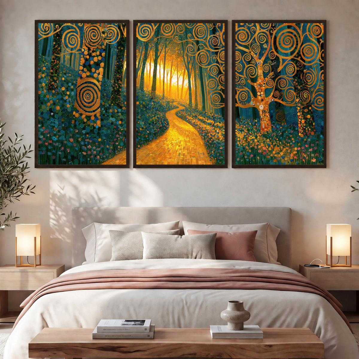 Golden swirl forest painting 3 piece framed canvas in a bedroom above the bed