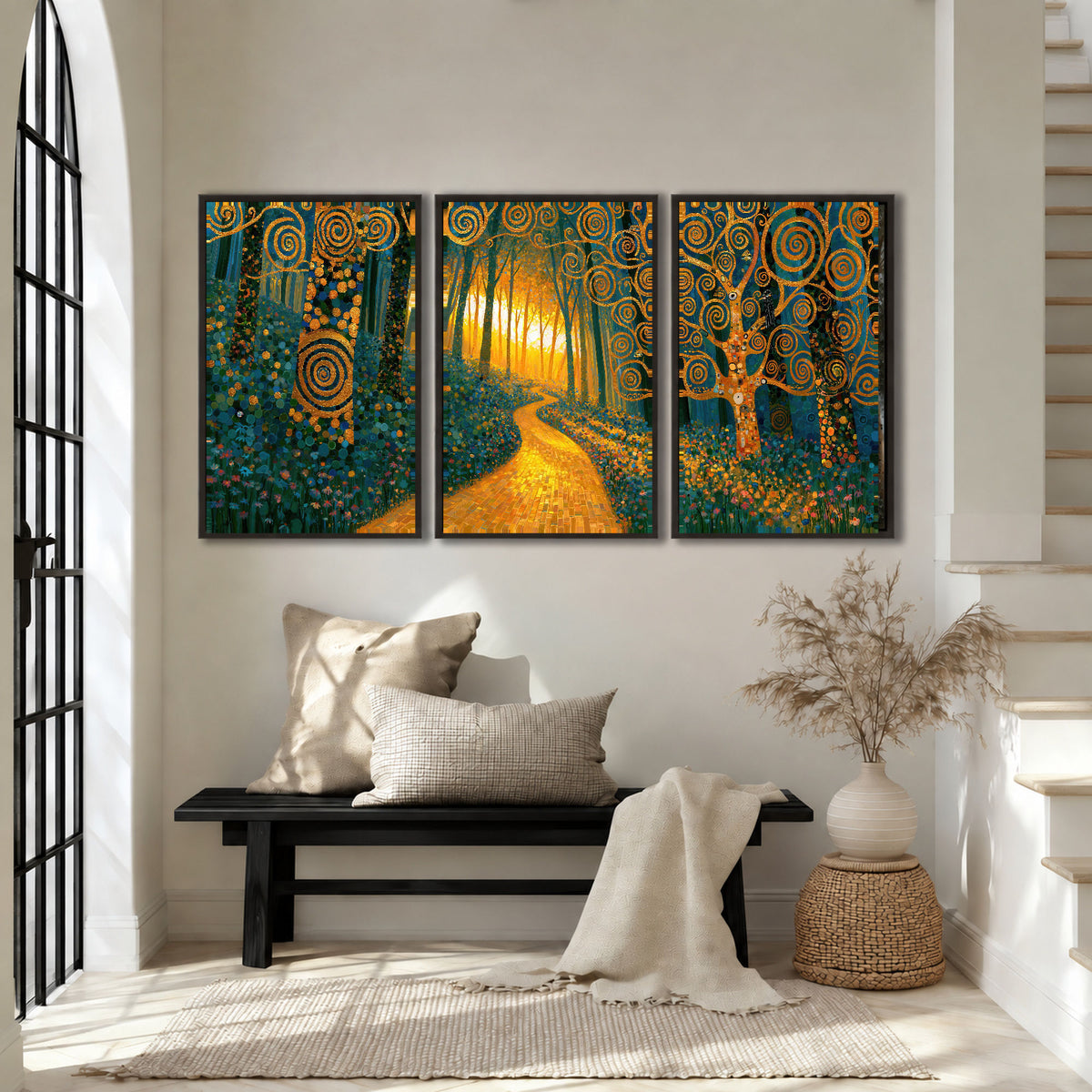 Golden swirl forest painting 3 piece framed canvas in an entryway above a bench