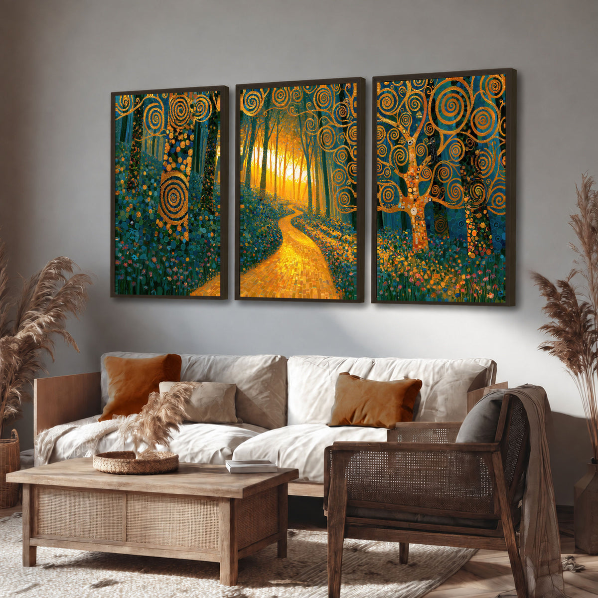 Golden swirl forest painting 3 piece framed canvas in a rustic living room