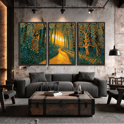 Golden swirl forest painting 3 piece framed canvas in an industrial loft