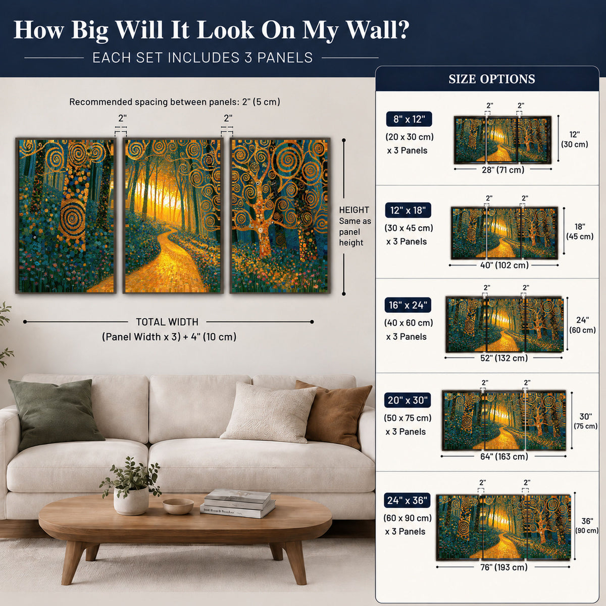 Golden swirl forest painting 3 piece framed canvas size guide above a sofa